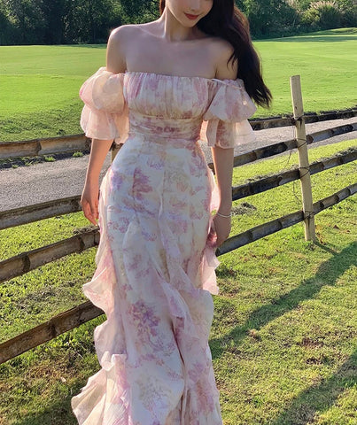 Sonicelife Pink Chiffon Off Shoulder Floral Puff Sleeves Maxi Dress