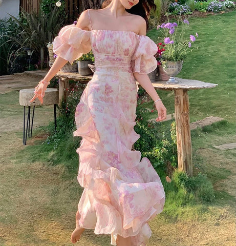 Sonicelife Pink Chiffon Off Shoulder Floral Puff Sleeves Maxi Dress