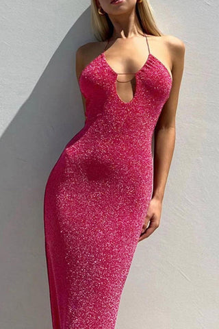 Sonicelife Pink Glitter Tie-back Slit Dress