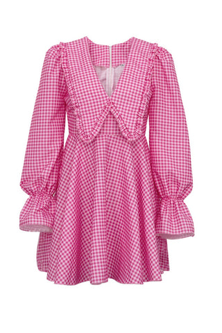 Sonicelife hoco dresses Pink Plaid Lapel A-Line Babydoll Dress