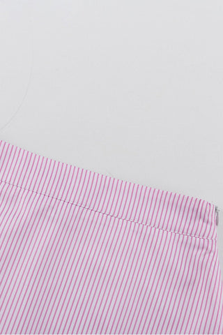 Sonicelife-Pink Striped Print Shirt Mini Skirt Suits