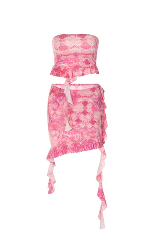 Sonicelife-Pink Tie-dyed Fringe Hem Crop Top Skirt Suits