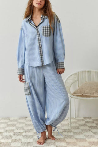 Sonicelife-Plaid Striped Patchwork Shirt Suits