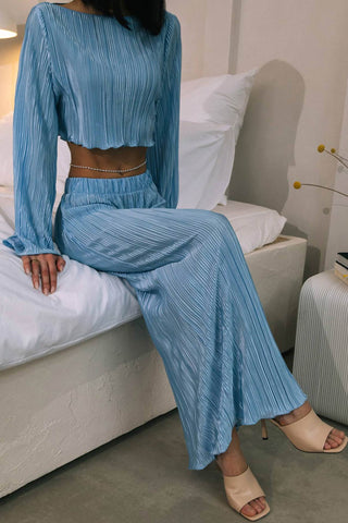 Sonicelife-Pleated Flares Sleeve Crop Top Midi Skirt Suits