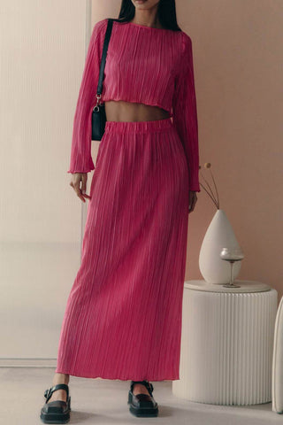 Sonicelife-Pleated Flares Sleeve Crop Top Midi Skirt Suits