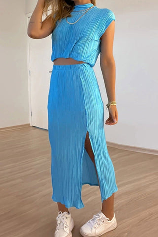 Sonicelife-Pleated Mock Neck Crop Top High Waist Slit Skirt Suits