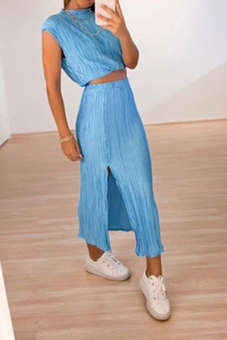 Sonicelife-Pleated Mock Neck Crop Top High Waist Slit Skirt Suits