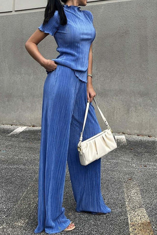 Sonicelife-Pleated Mock Neck Shirt Long Pant Suits