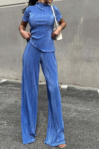 Sonicelife-Pleated Mock Neck Shirt Long Pant Suits