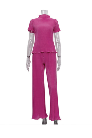 Sonicelife-Pleated Mock Neck Shirt Long Pant Suits