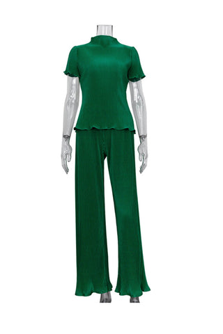 Sonicelife-Pleated Mock Neck Shirt Long Pant Suits