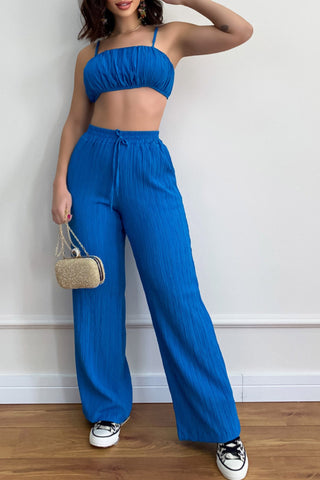 Sonicelife-Pleated Smocked Vest Drawstring Long Pants Suits