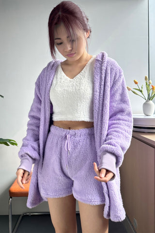 Sonicelife-Plush Open-Front Hoodie Vest Three Piece Shorts Set