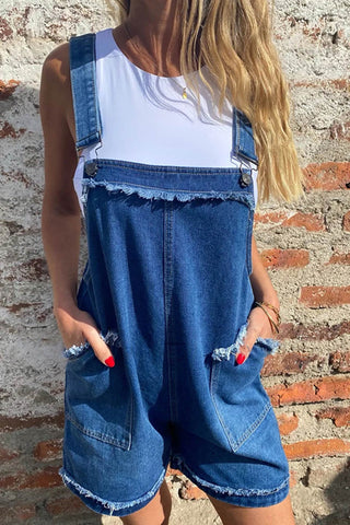 Sonicelife-Pocketed Raw Edges Denim Rompers