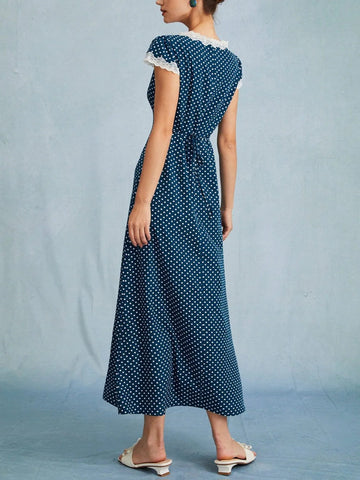 Sonicelife Polka Dot Lace Trim V-Neck Dress