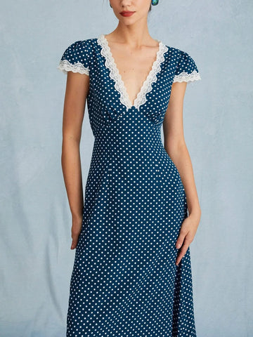 Sonicelife Polka Dot Lace Trim V-Neck Dress