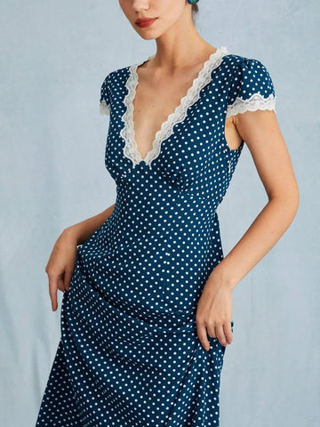 Sonicelife Polka Dot Lace Trim V-Neck Dress