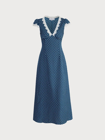 Sonicelife Polka Dot Lace Trim V-Neck Dress