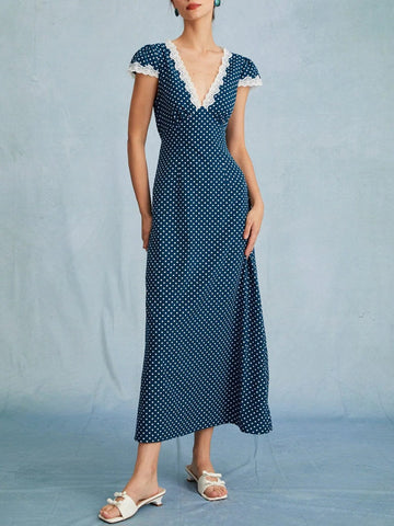 Sonicelife Polka Dot Lace Trim V-Neck Dress