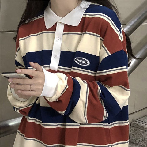 Sonicelife Polo Collar Stiped Oversized Long Sleeve Tee