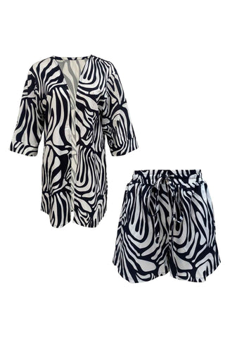 Sonicelife-Printed Short Sleeve Drawstring Shorts Set