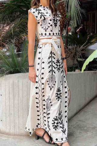 Sonicelife-Printed Short Sleeve Strappy Skirt Set