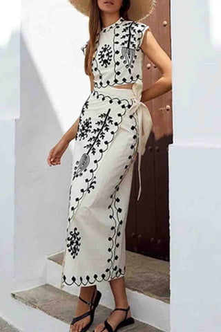 Sonicelife-Printed Short Sleeve Strappy Skirt Set