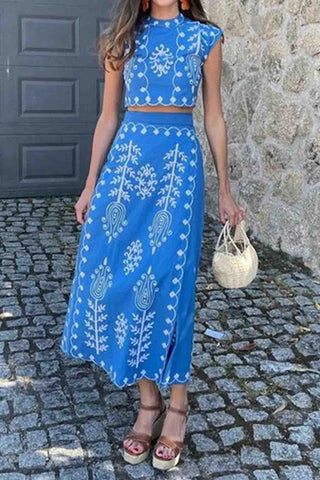 Sonicelife-Printed Short Sleeve Strappy Skirt Set