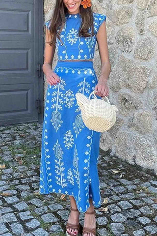 Sonicelife-Printed Short Sleeve Strappy Skirt Set