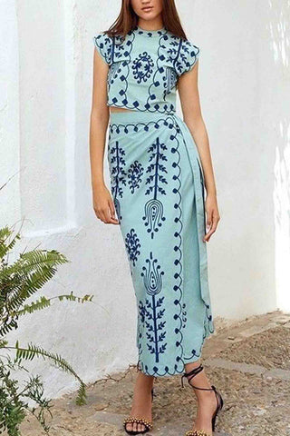 Sonicelife-Printed Short Sleeve Strappy Skirt Set