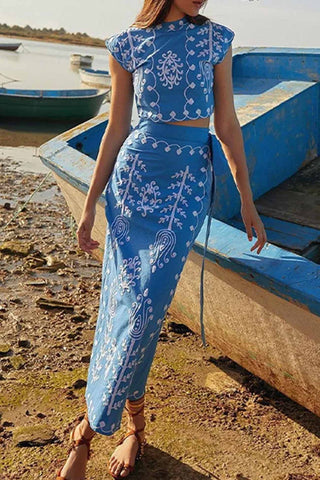 Sonicelife-Printed Short Sleeve Strappy Skirt Set