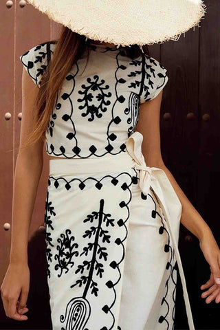 Sonicelife-Printed Short Sleeve Strappy Skirt Set
