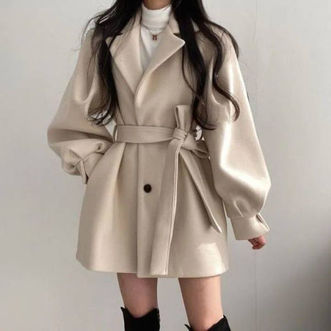 Sonicelife Puff Sleeve Belted Woolen Coat