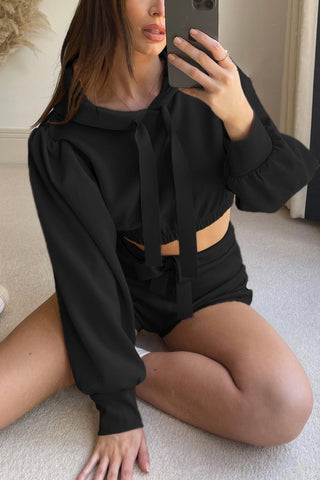 Sonicelife-Puff Sleeve Hoodie Crop Top Shorts Set