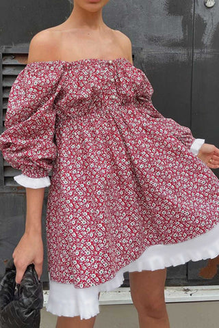 Sonicelife hoco dresses Puff Sleeve Off-Shoulder Floral Babydoll Dress