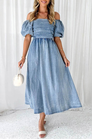 Sonicelife Puff Sleeve Smocked Denim Dress