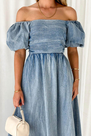 Sonicelife Puff Sleeve Smocked Denim Dress