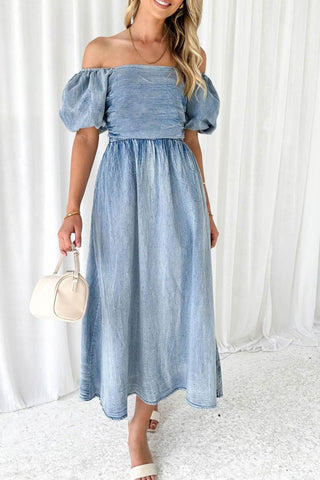 Sonicelife Puff Sleeve Smocked Denim Dress