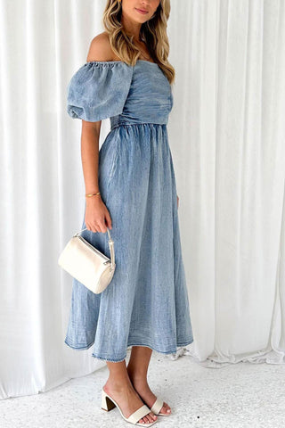 Sonicelife Puff Sleeve Smocked Denim Dress