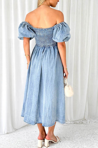 Sonicelife Puff Sleeve Smocked Denim Dress