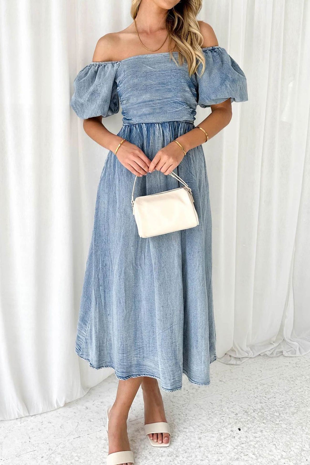 Sonicelife Puff Sleeve Smocked Denim Dress