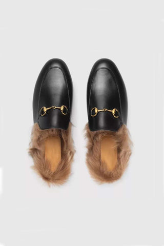 Sonicelife-Rabbit Fur Lined Leather Loafer Mules