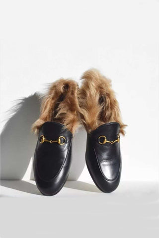 Sonicelife-Rabbit Fur Lined Leather Loafer Mules