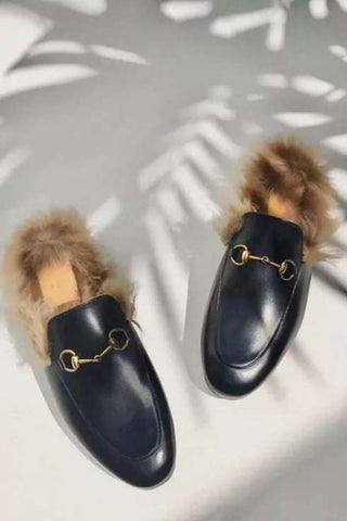 Sonicelife-Rabbit Fur Lined Leather Loafer Mules