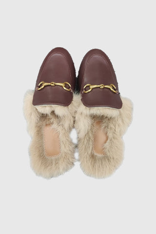 Sonicelife-Rabbit Fur Lined Leather Loafer Mules