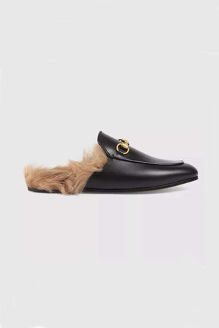 Sonicelife-Rabbit Fur Lined Leather Loafer Mules