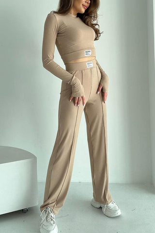 Sonicelife-Ribbed Knit Crop Top Long Pants Suits