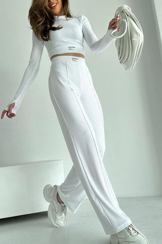 Sonicelife-Ribbed Knit Crop Top Long Pants Suits