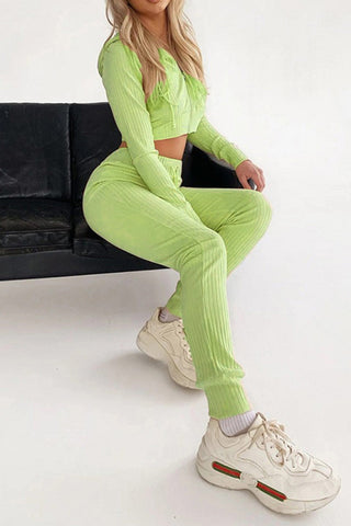 Sonicelife-Ribbed Knit Hoodie Long Pants Suits