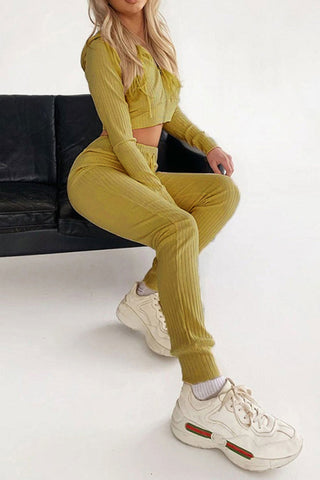 Sonicelife-Ribbed Knit Hoodie Long Pants Suits